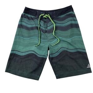 PrAna Mens Board Shorts Green Black Wavy Stripe Swim Trunks Size 32